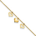 14k Three Heart Dangles 9 inch Plus 1 inch Extender - Total 10 inch Anklet, 9 mm