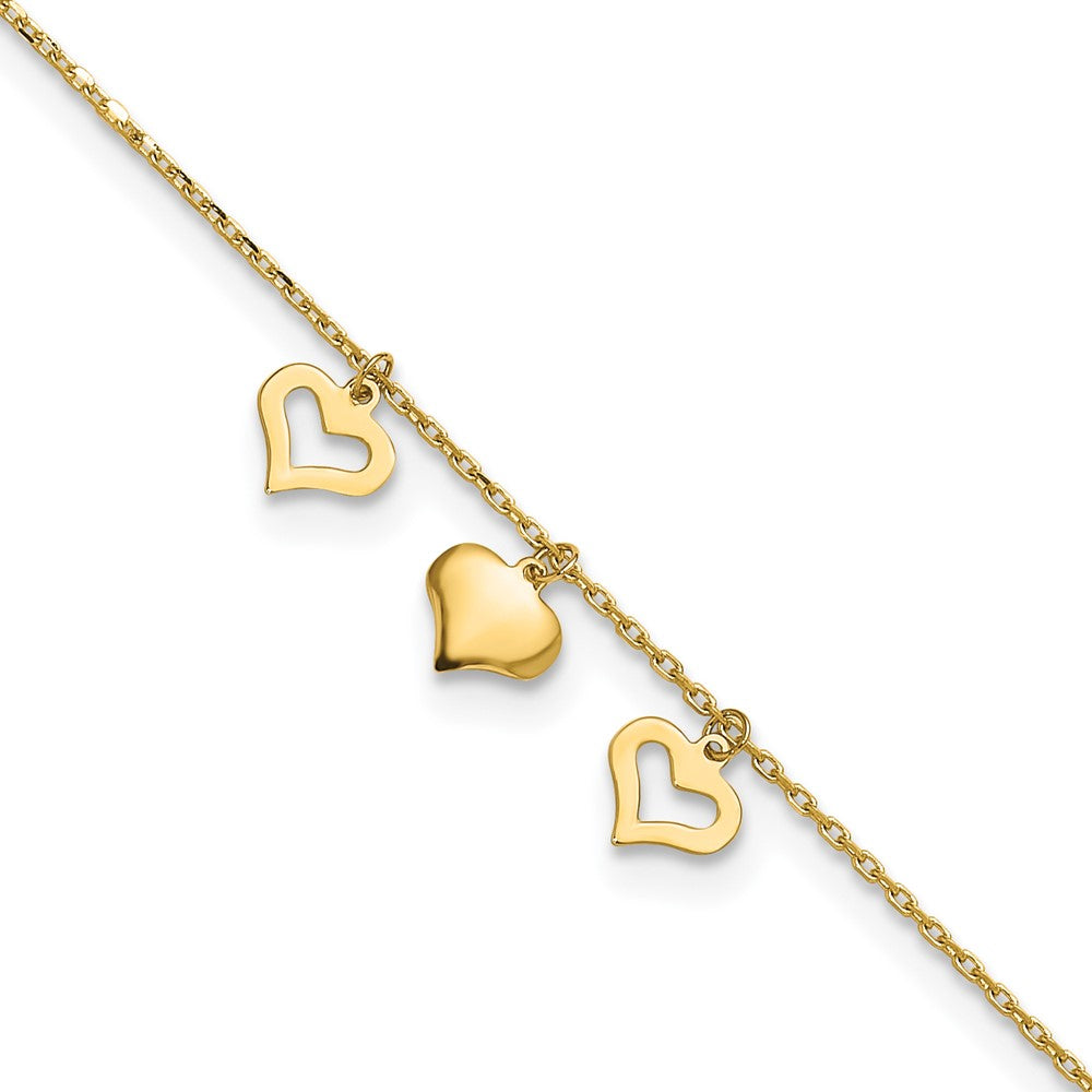 14k Three Heart Dangles 9 inch Plus 1 inch Extender - Total 10 inch Anklet, 9 mm