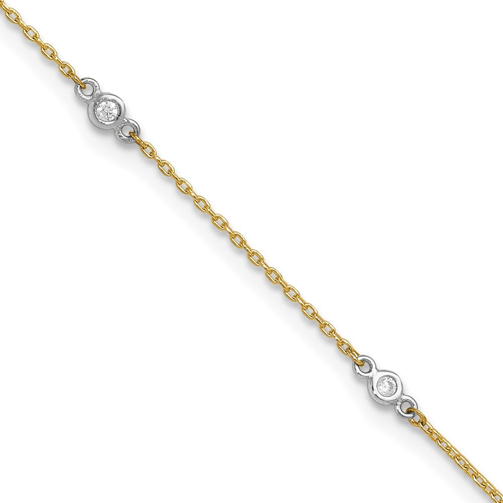 14k Two-tone Bezel-set CZ 6-Station 9 inch Plus 1 inch Extender - Total 10 inch Anklet, 9 mm