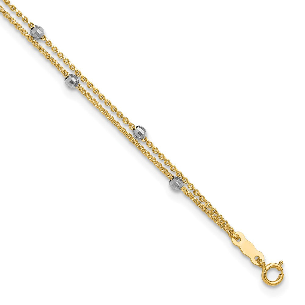 14K Two-tone 2-Strand Chain with Mirror Beads 9 inch Plus 1 inch Extender - Total 10 inch Anklet, 9 mm