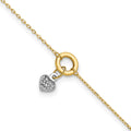 14K Two-tone Circle with Diamond-cut Puffed Heart Dangle 9 inch Plus 1 inch Extender - Total 10 inch Anklet, 9 mm