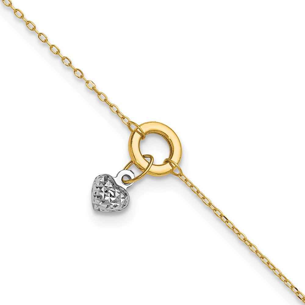 14K Two-tone Circle with Diamond-cut Puffed Heart Dangle 9 inch Plus 1 inch Extender - Total 10 inch Anklet, 9 mm