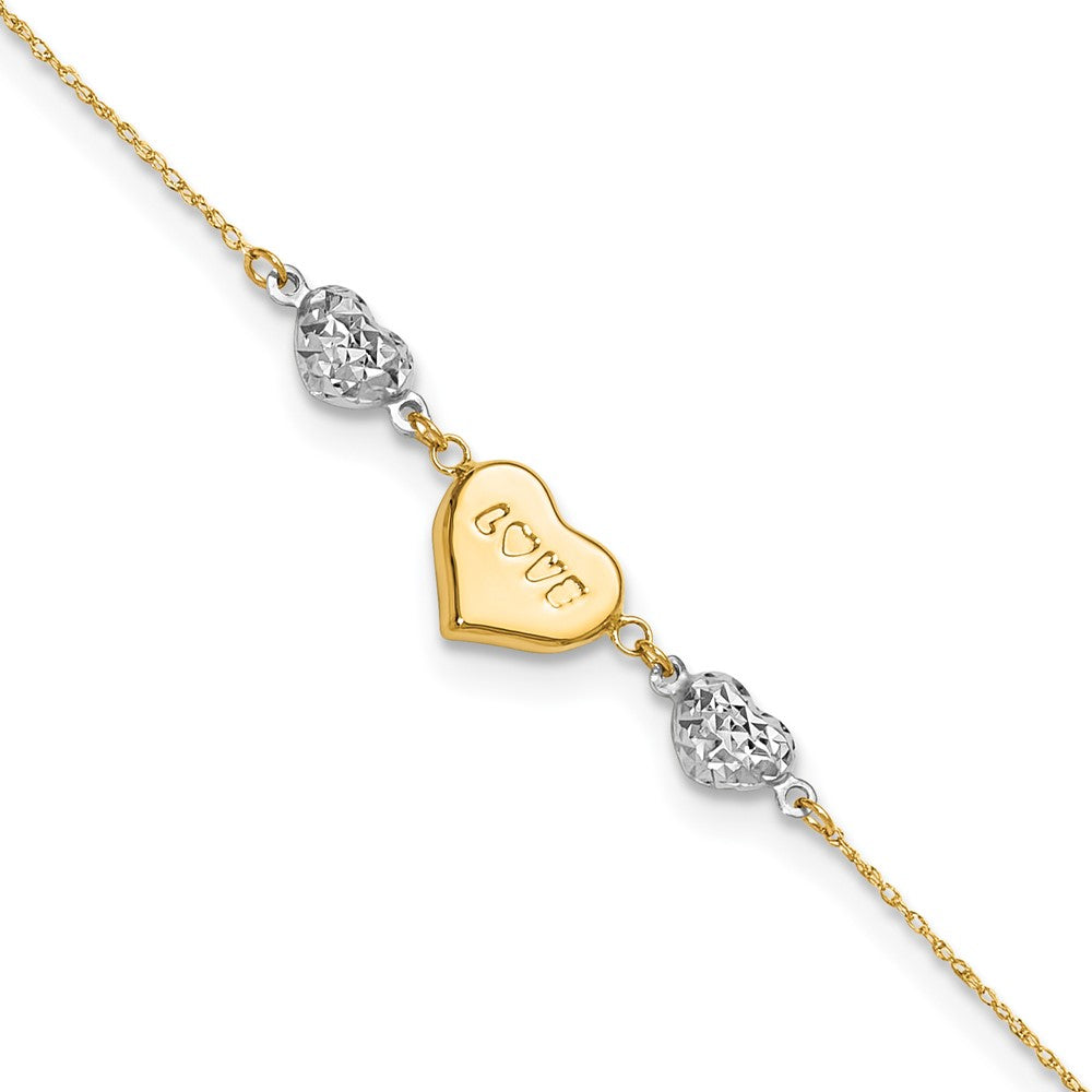 14K Two-tone Diamond-cut and LOVE Puffed Heart 9 inch Plus 1 inch Extender - Total 10 inch Anklet, 10 mm