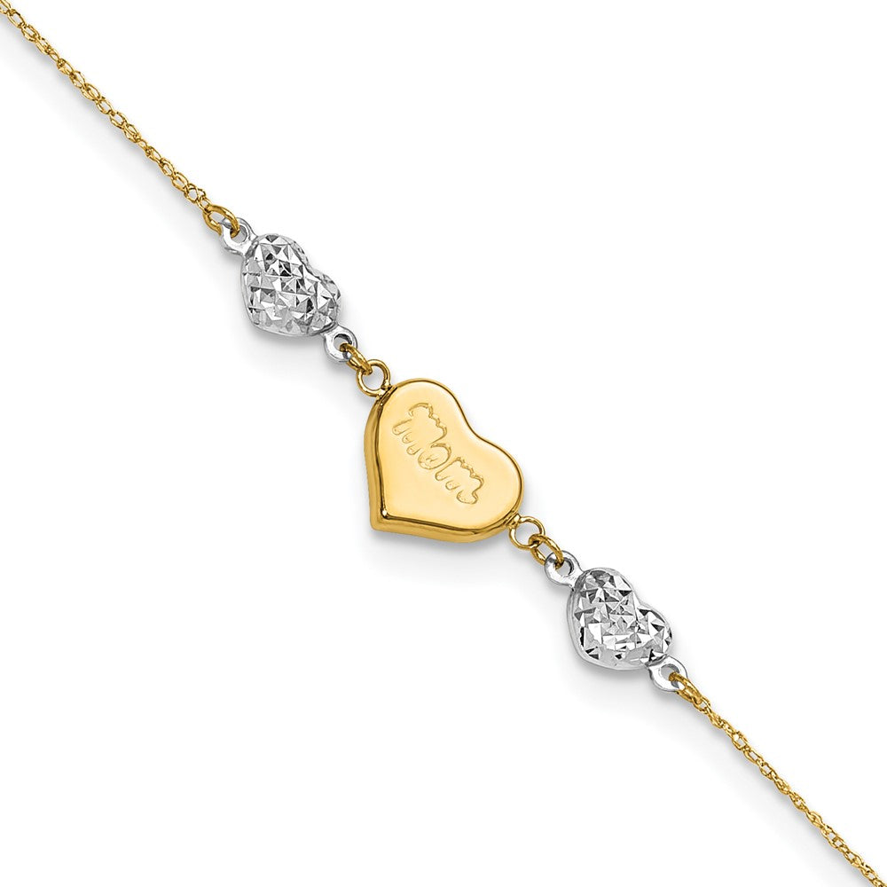 14K Two-tone Diamond-cut and MOM Puffed Heart 9 inch Plus 1 inch Extender - Total 10 inch Anklet, 9 mm