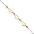 14K Two-tone Three Hearts and Diamond-cut Beads 9 inch Plus 1 inch Extender - Total 10 inch Anklet, 9 mm