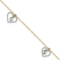 14K Two-tone Twisted Diamond-cut 3 Heart Dangles 9 inch Plus 1 inch Extender - Total 10 inch Anklet, 9 mm