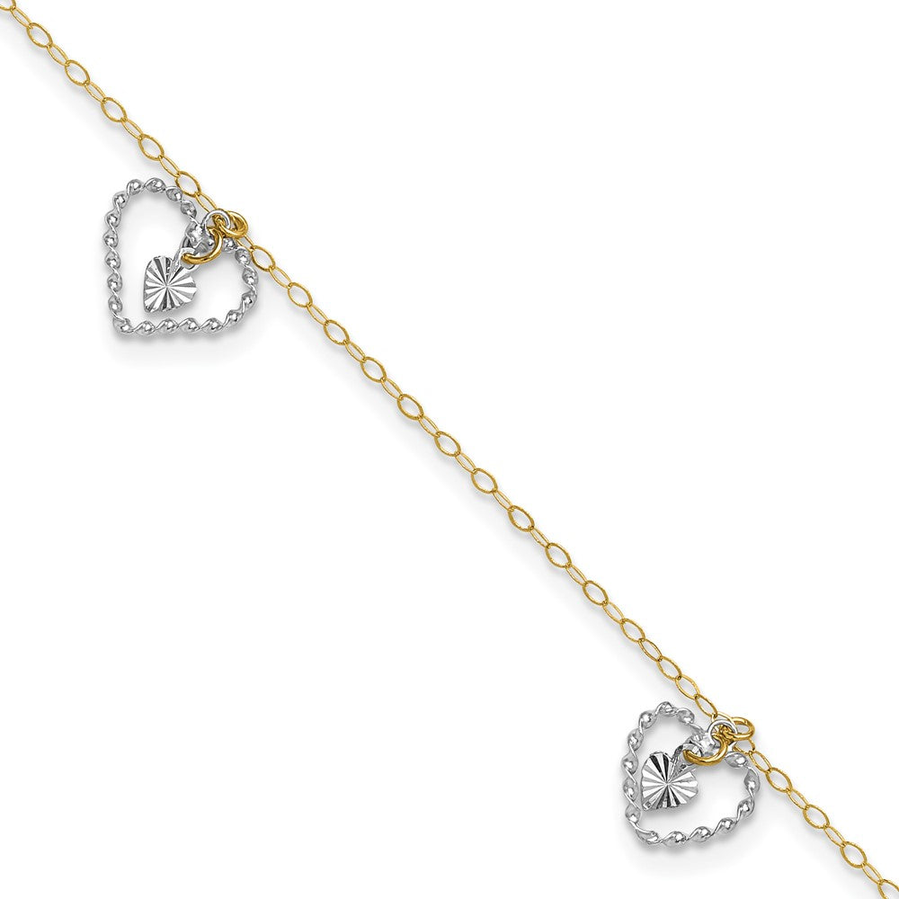 14K Two-tone Twisted Diamond-cut 3 Heart Dangles 9 inch Plus 1 inch Extender - Total 10 inch Anklet, 9 mm