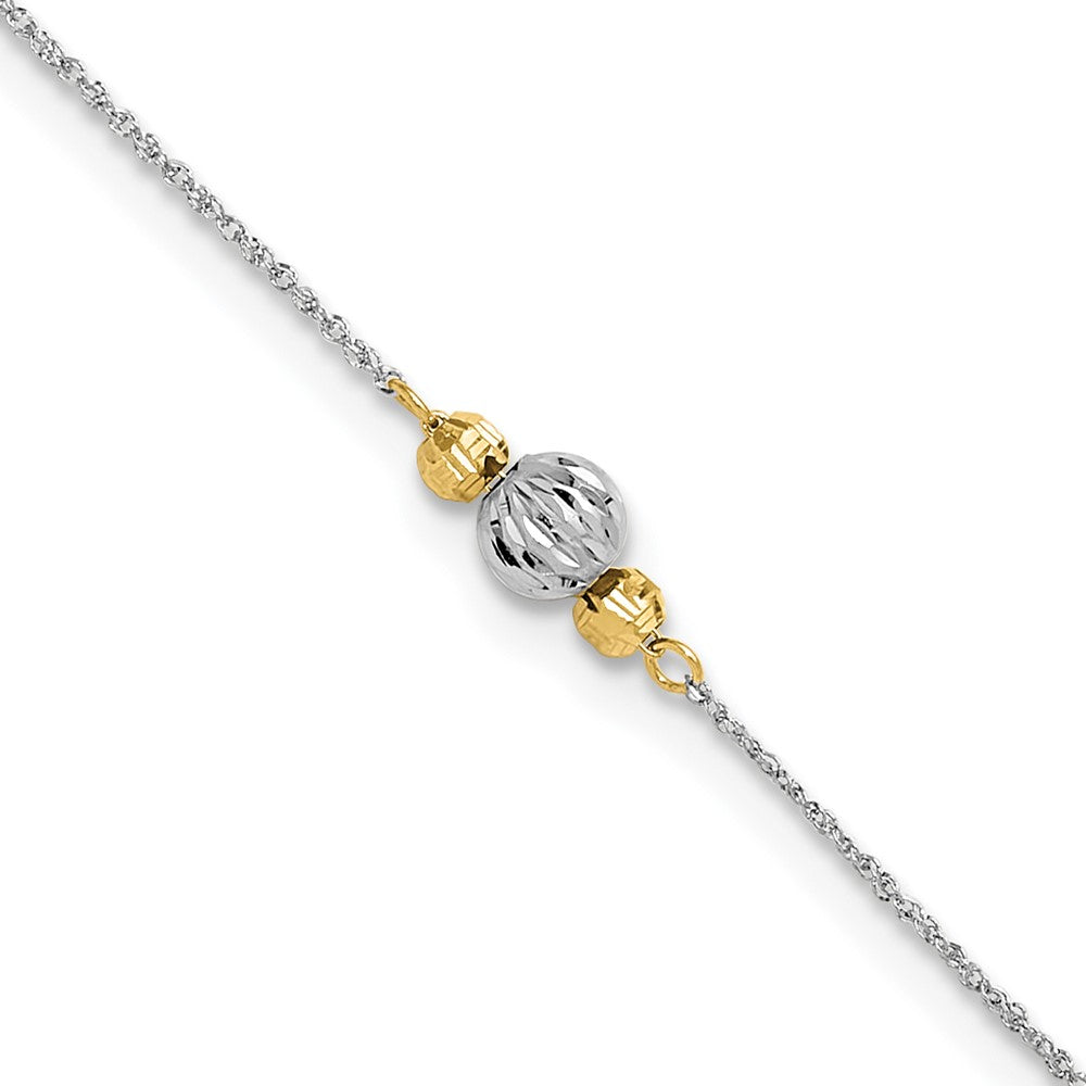 14K Two-tone Chain and Diamond-cut Beads 9 inch Plus 1 inch Extender - Total 10 inch Anklet, 9 mm