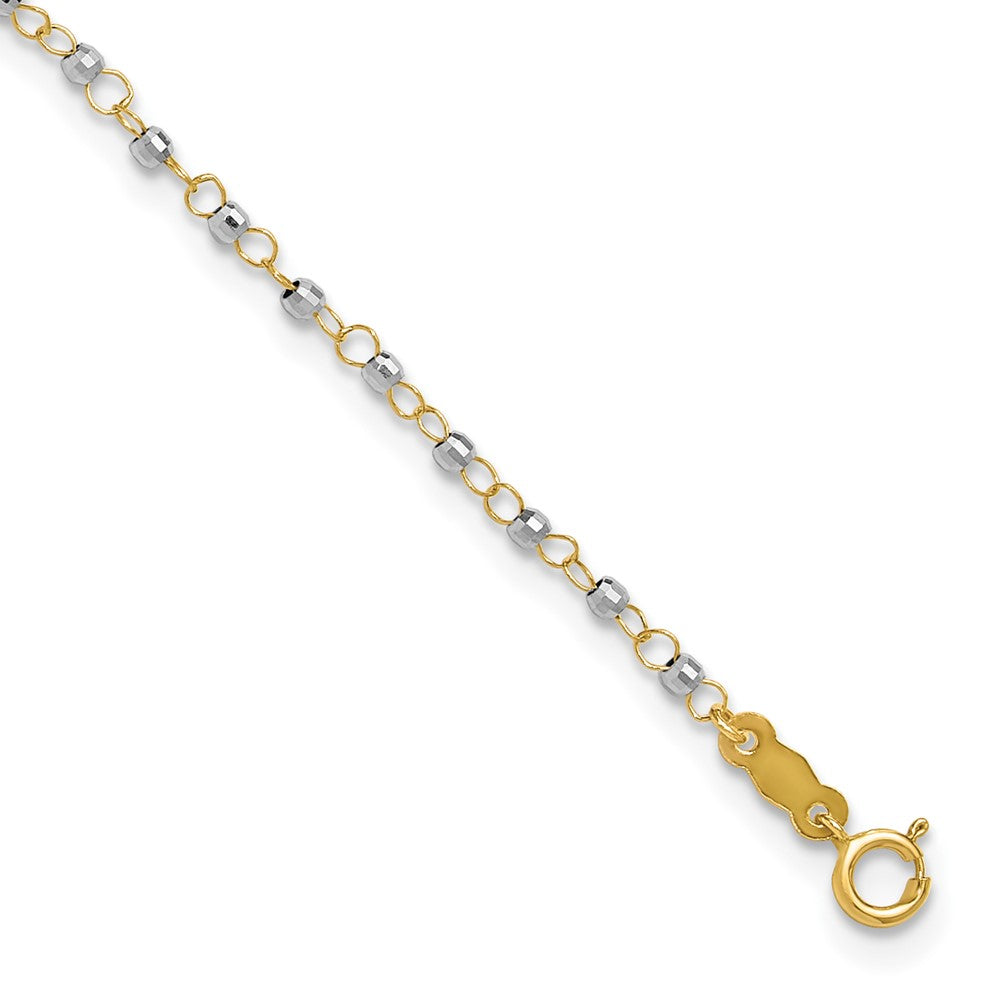 14K Two-tone Chain with Mirror Beads 9 inch Plus 1 inch Extender - Total 10 inch Anklet, 9 mm