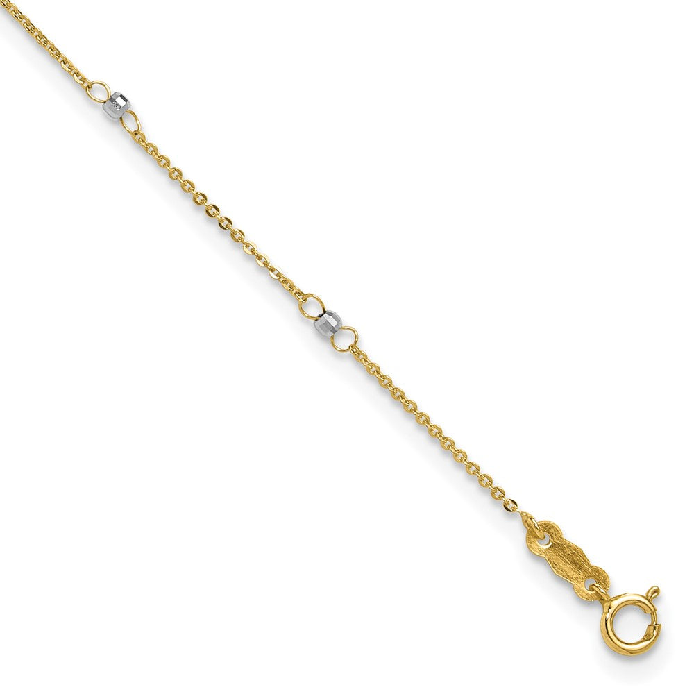 14k Two-tone Cable Chain Mirror Beads 8-Station 9 inch Plus 1 inch Extender - Total 10 inch Anklet, 9 mm