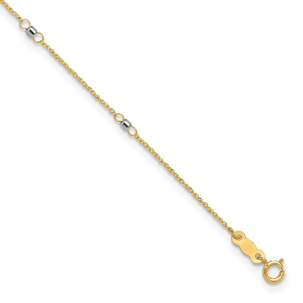 14K Two-tone Ropa Chain Mirror Beads 7-Station 9 inch Plus 1 inch Extender - Total 10 inch Anklet, 9 mm