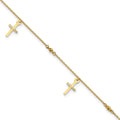 14k Diamond-cut 3 Cross Dangles and Beads 9 inch Plus 1 inch Extender - Total 10 inch Anklet, 9 mm