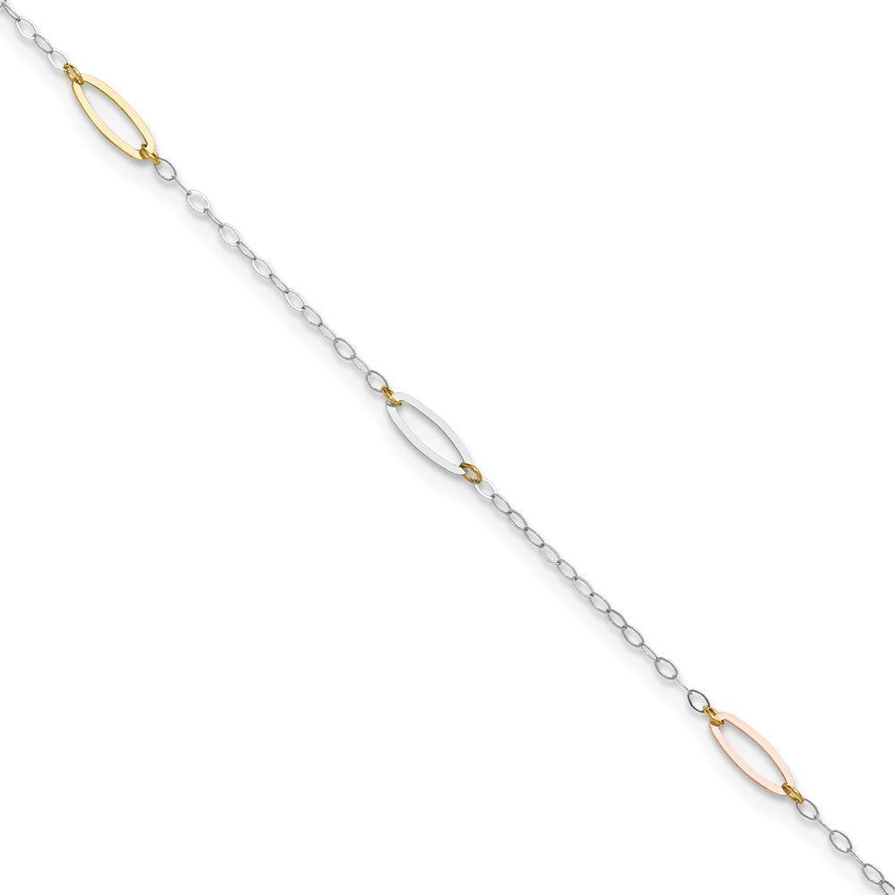 14K Tri-color Oval Link 5-Station 9 inch Plus 1 inch Extender - Total 10 inch Anklet, 9 mm
