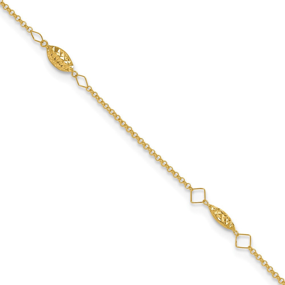 14K Diamond-cut Rice Puff Beads 4-Station 9 inch Plus 1 inch Extender - Total 10 inch Anklet, 9 x 4 mm