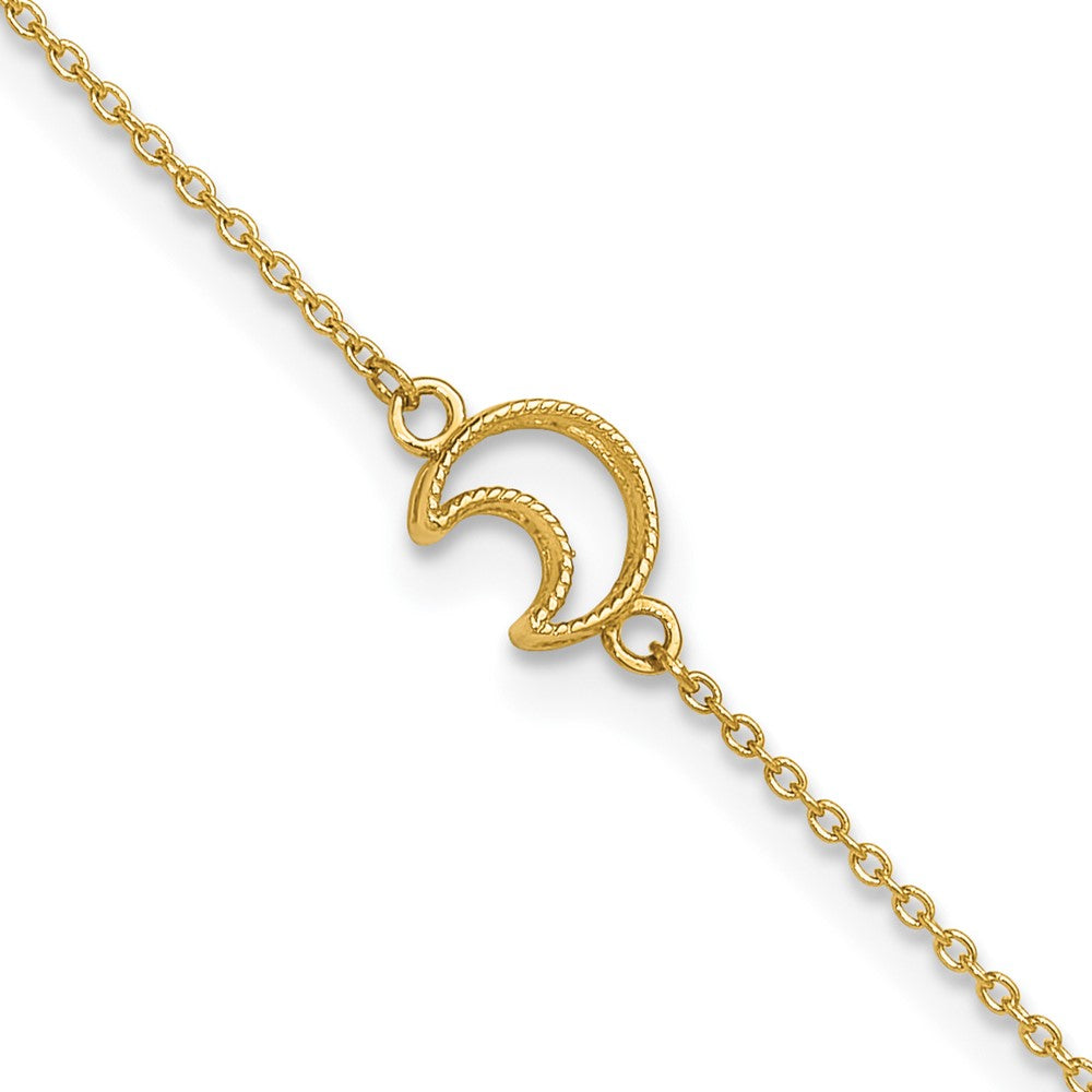14K Textured and Polished Crescent Moon 9 inch Plus 1 inch Extender - Total 10 inch Anklet, 9 mm