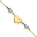 14K Two-tone Puffed LOVE Heart and Diamond-cut Beads 7 inch Bracelet Plus 1 inch Heart Dangle Extender, 7 x 1 mm