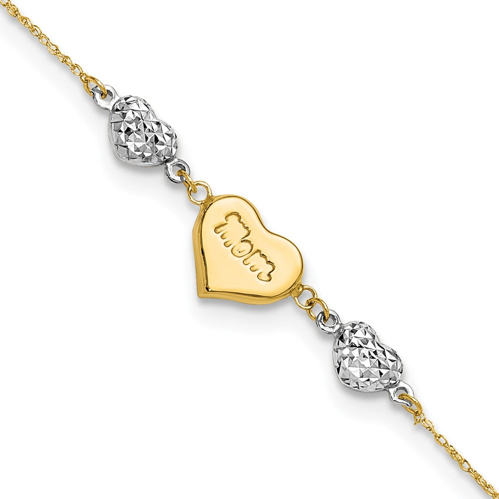 14K Two-tone Puffed MOM Heart and Diamond-cut Beads 7 inch Bracelet Plus 1 inch Heart Dangle Extender, 7 x 1 mm