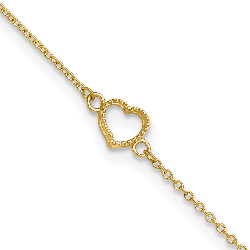 14K Textured and Polished Open Heart 9 inch Plus 1 inch Extender - Total 10 inch Anklet, 9 x 1 mm