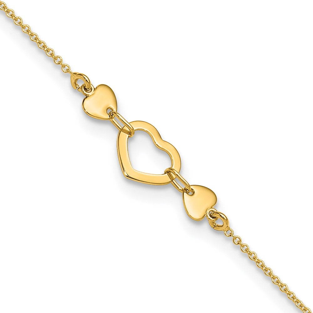 14k Polished Open Heart 10 inch Plus 0.75 inch Extender - Total 10.75 inch Anklet, 10 mm