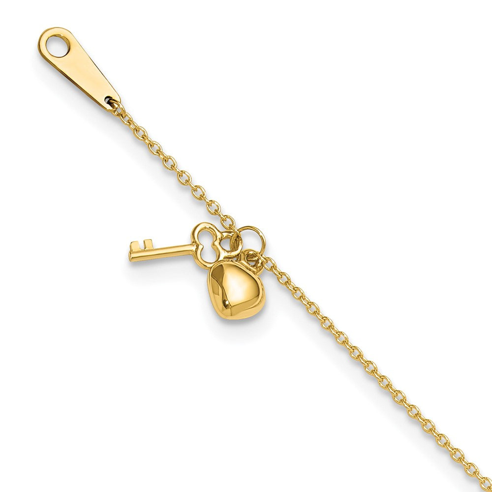 14k Cable Chain with Puffed Heart and Key Dangle 9 inch Plus 1 inch Extender - Total 10 inch Anklet, 9 mm