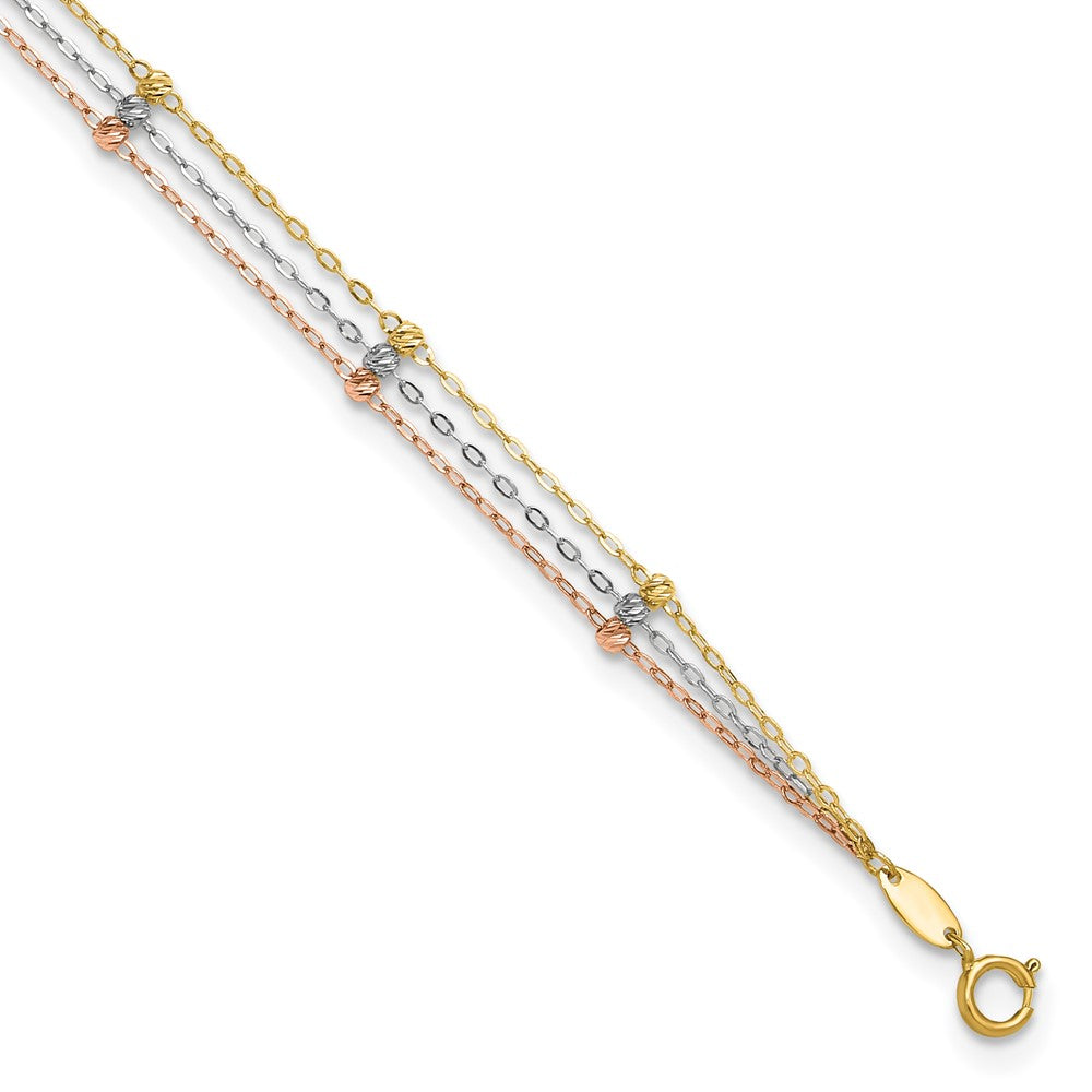 14k Tri-color 3-Strand Diamond-cut Beaded 9-Station 9 inch Plus 1 inch Extender - Total 10 inch Anklet, 9 mm