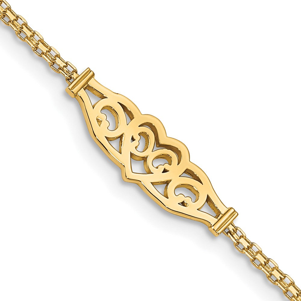 14k Polished Filigree Heart and Bismark Chain 10 inch Anklet, 10 mm