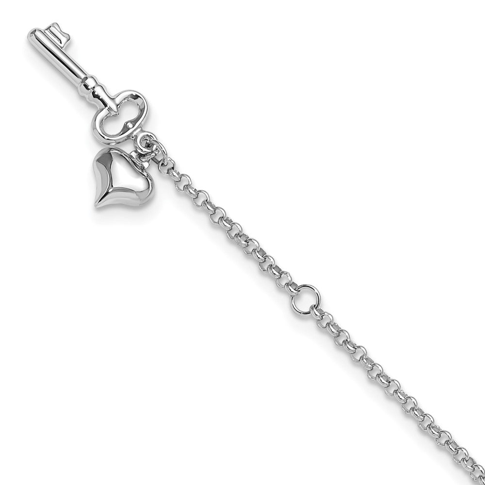 14k White Gold Cable Chain with Puffed Heart and Key Dangle 9 inch Plus 1 inch Extender - Total 10 inch Anklet, 9 mm