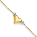 14k Two-tone Polished Puffed Heart with Beads 10 inch Anklet, 10 mm