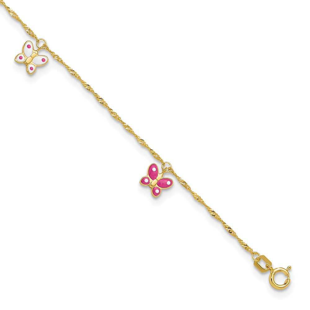 14k Pink and White Enameled Butterfly Dangles 9 inch Plus 1 inch Extender - Total 10 inch Anklet, 9 mm