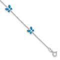 14k White Gold Blue Enameled Butterflies 7-Station 10 inch Anklet, 10 mm
