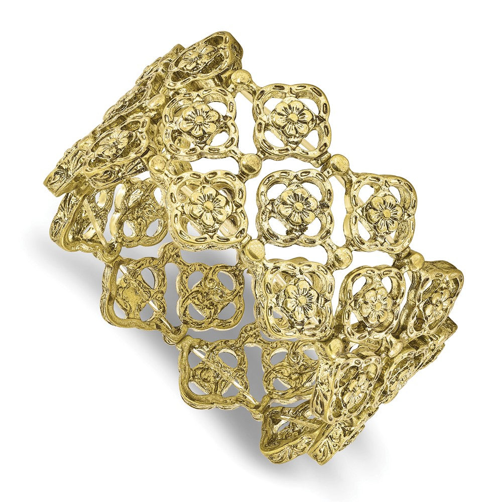 1928 Jewelry Brass-tone Wide Filigree Floral Pattern Link Stretch Bracelet, 31.65 mm