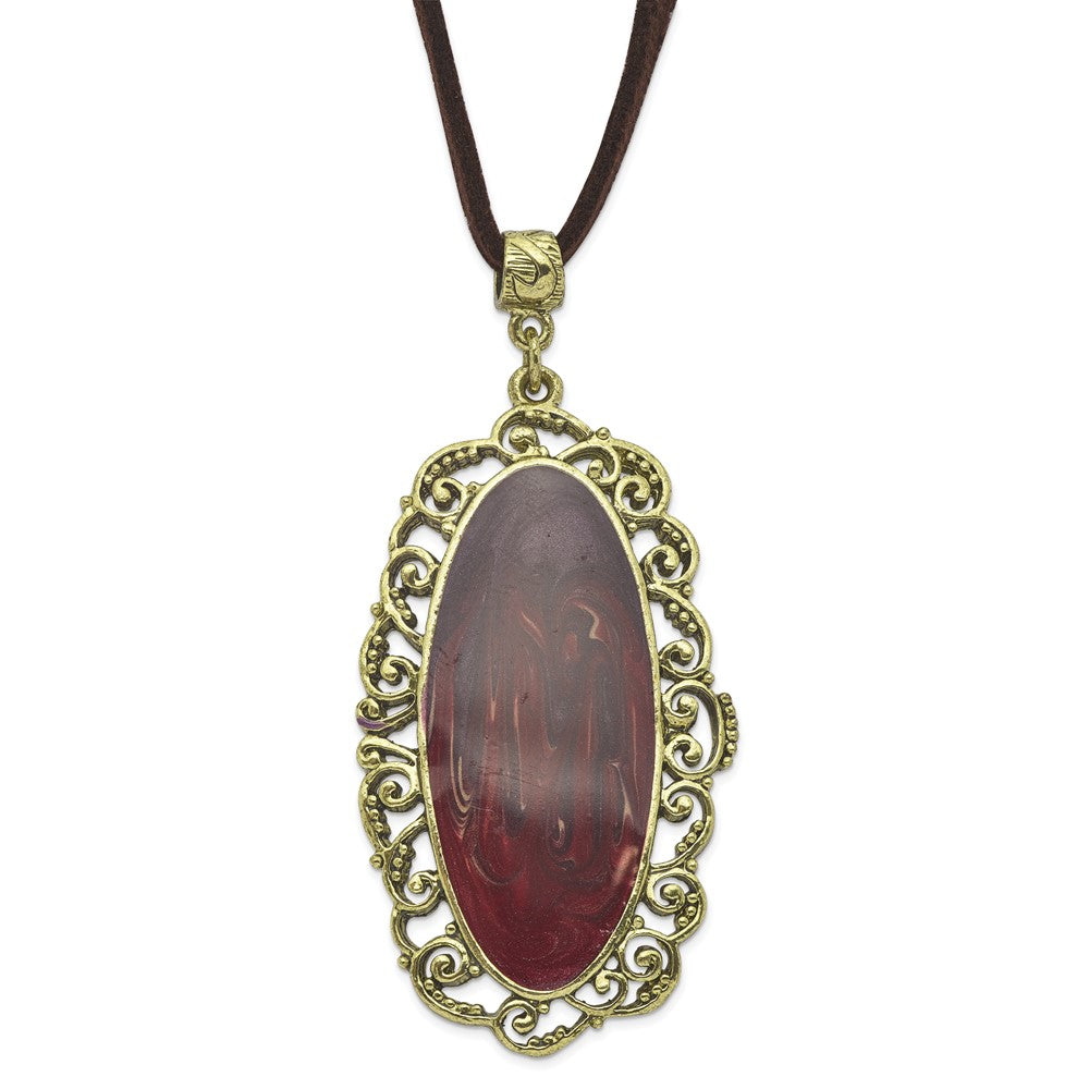 1928 Jewelry Brass-tone Ornate Frame Purple Enamel Oval 30 inch Faux Suede Cord Necklace, 30 mm
