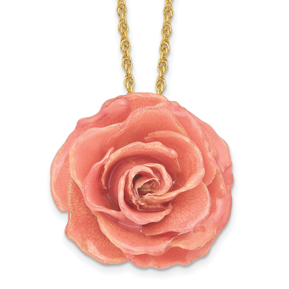 Lacquer Dipped Pink Real Rose with 20 inch Gold-tone Necklace, 20 mm