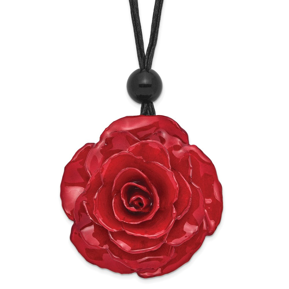 Lacquer Dipped Large Red Real Rose with Glass Bead on 18 inch Black Cotton Cord Necklace, 18 mm
