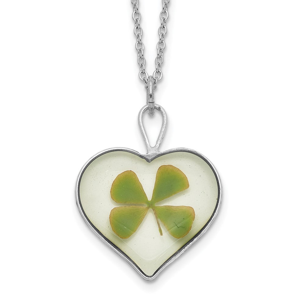 Silver Trim Real Four Leaf Clover in Heart 20 inch Silver-plated Chain Necklace, 20 mm