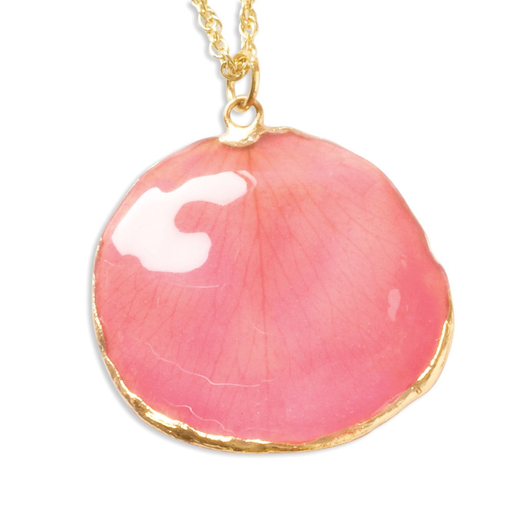 24K Gold-trim Lacquer Dipped Pink Real Rose Petal 20 inch Gold-tone Necklace, 20 mm