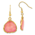 24k Gold-trim Lacquer Dipped Pink Real Rose Petal Gold-tone Dangle Wire Earrings, 35 x 15 mm