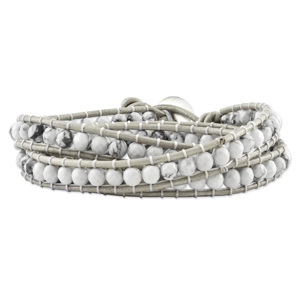 White Howlite Beaded and Leather Multi-wrap Bracelet, 22 x 7 mm
