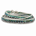 Green Aurora Borealis/Grey Crystal Bead Leather Multi-wrap Bracelet, 22 x 7 mm