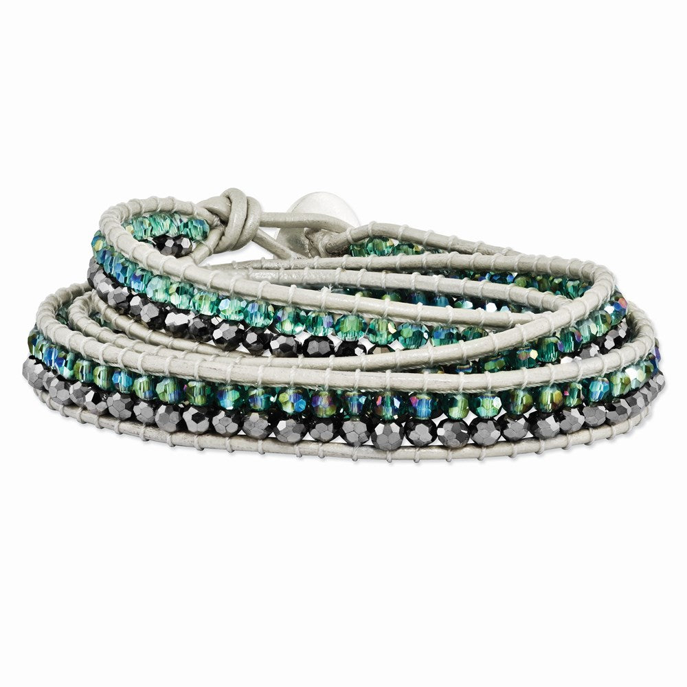 Green Aurora Borealis/Grey Crystal Bead Leather Multi-wrap Bracelet, 22 x 7 mm