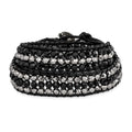 Black Aurora Borealis/Grey Crystal Bead/Leather Multi-wrap Bracelet, 15 x 7 mm