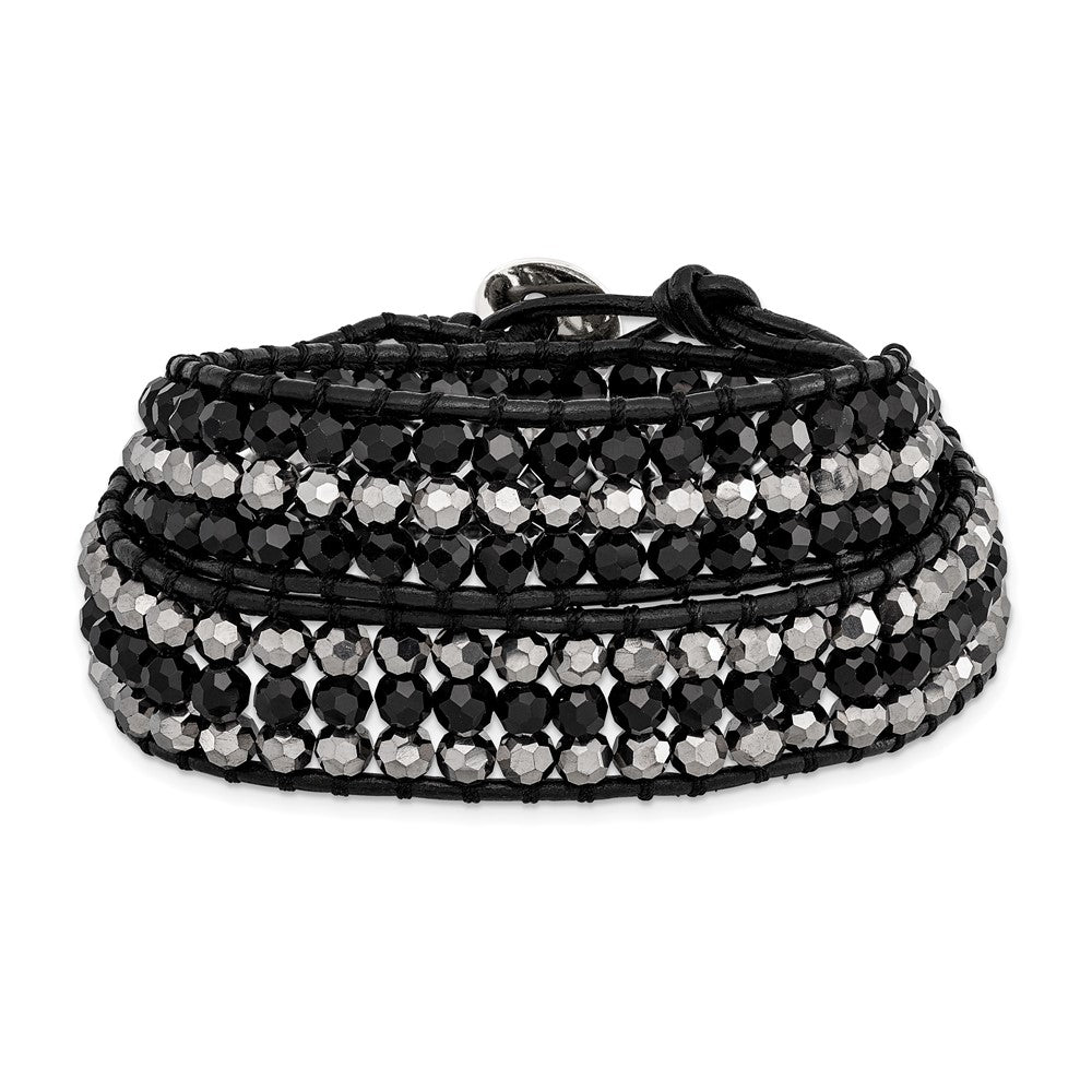 Black Aurora Borealis/Grey Crystal Bead/Leather Multi-wrap Bracelet, 15 x 7 mm