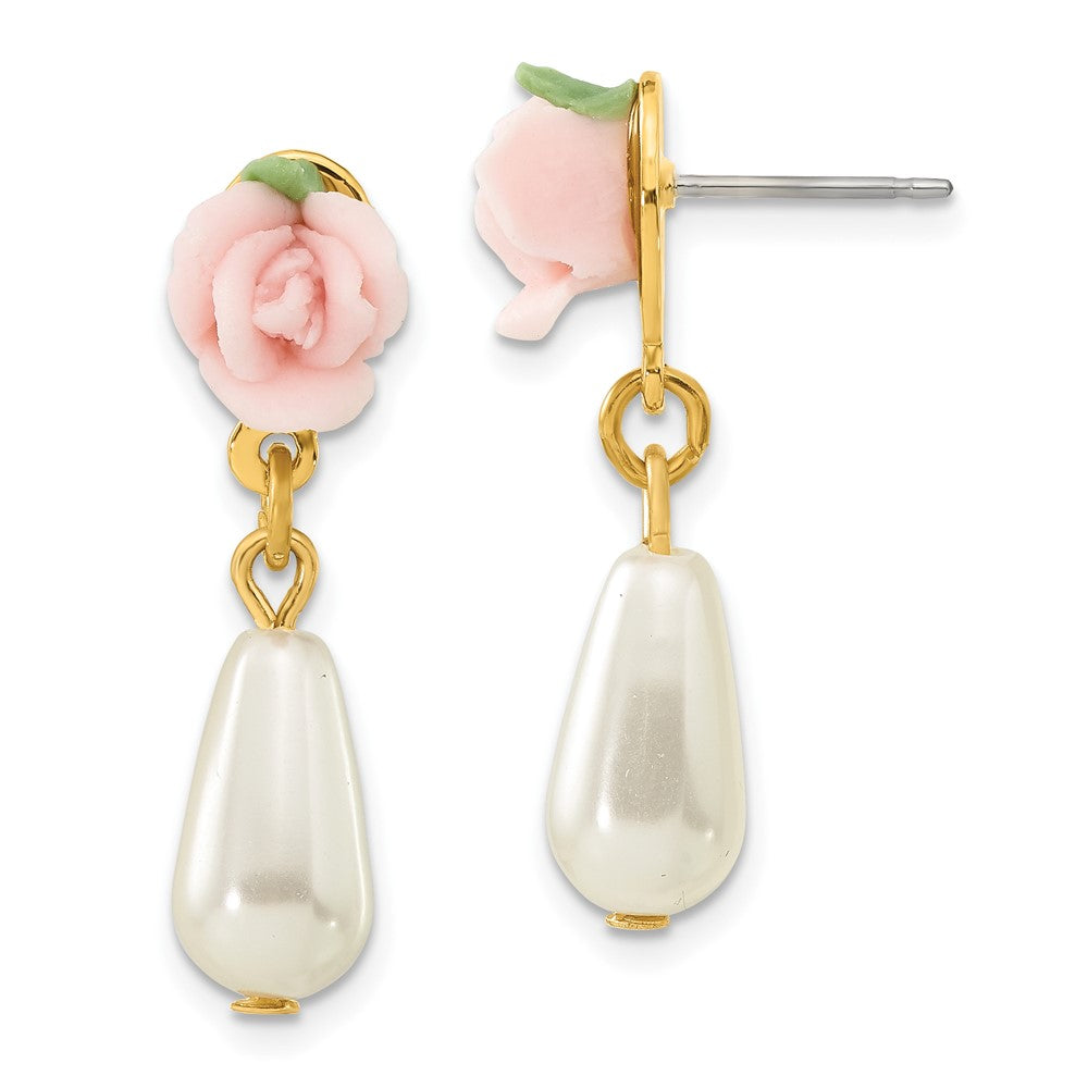1928 Gold-tone Porcelain Rose and Simulated Pearl Post Dangle Earrings, 26 x 7 mm