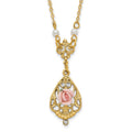 1928 Jewelry Gold-tone Imitation Pearl Pink Porcelain Rose and Clear Crystal Filigree Teardrop 17 inch Necklace, 17 x 16 mm
