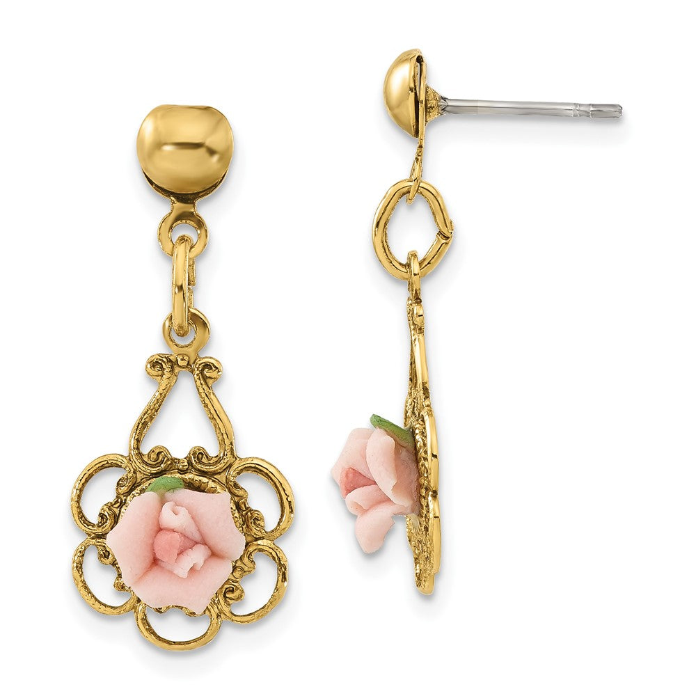1928 Jewelry Gold-tone Filigree Pink Porcelain Rose Dangle Post Earrings, 26 x 13 mm