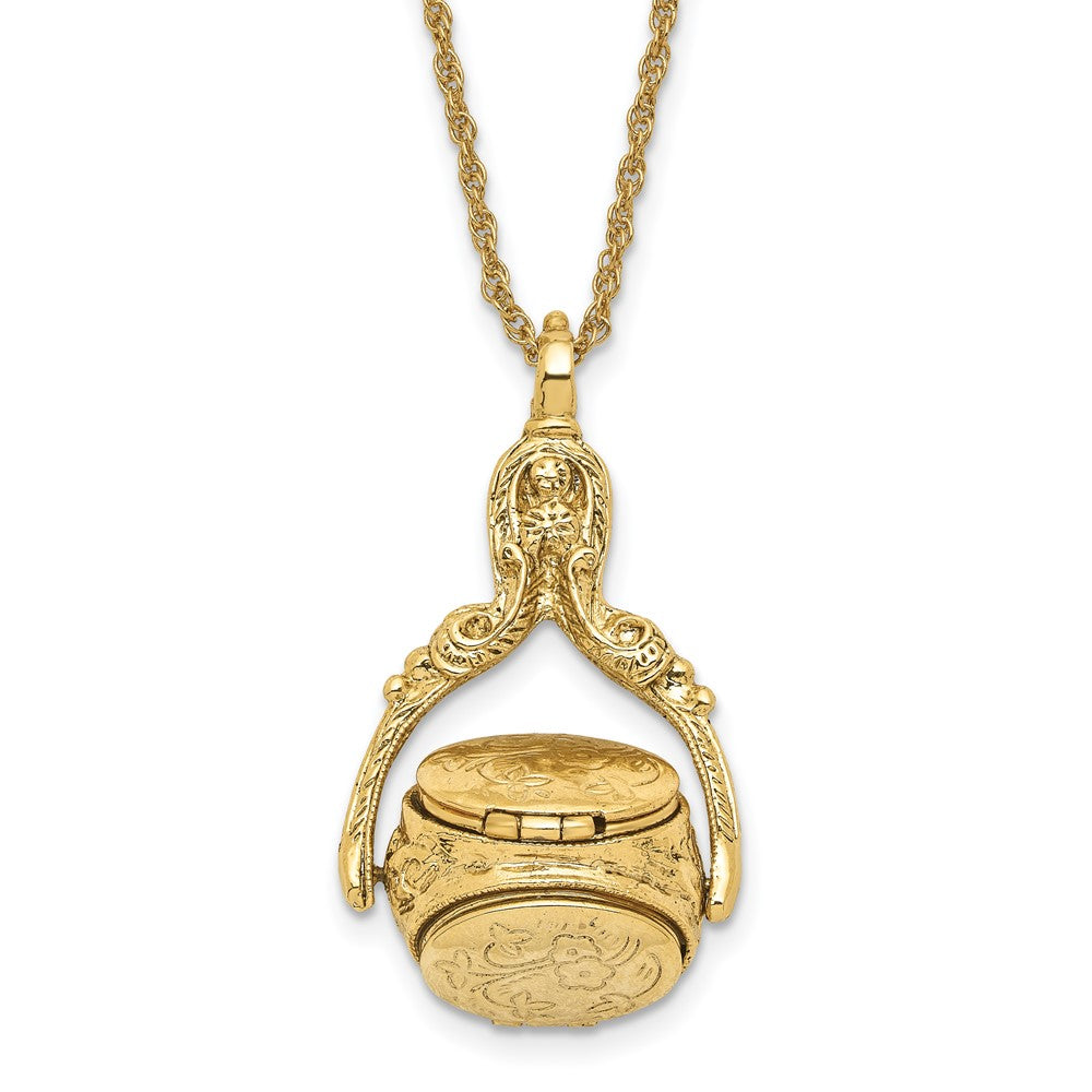1928 Jewelry Gold-tone Three Sided Spinning Floral Pattern Oval 13mm Lockets 30 inch Necklace Holds 6 Photos, 30 x 22.5 mm
