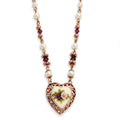 1928 Jewelry Rose-tone Heart Filigree Frame Purple Faceted Crystal Bead Imitation Pearl Rose Floral Motif 15 inch Necklace, 15 x 25.5 mm