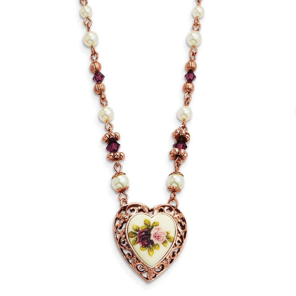 1928 Jewelry Rose-tone Heart Filigree Frame Purple Faceted Crystal Bead Imitation Pearl Rose Floral Motif 15 inch Necklace, 15 x 25.5 mm