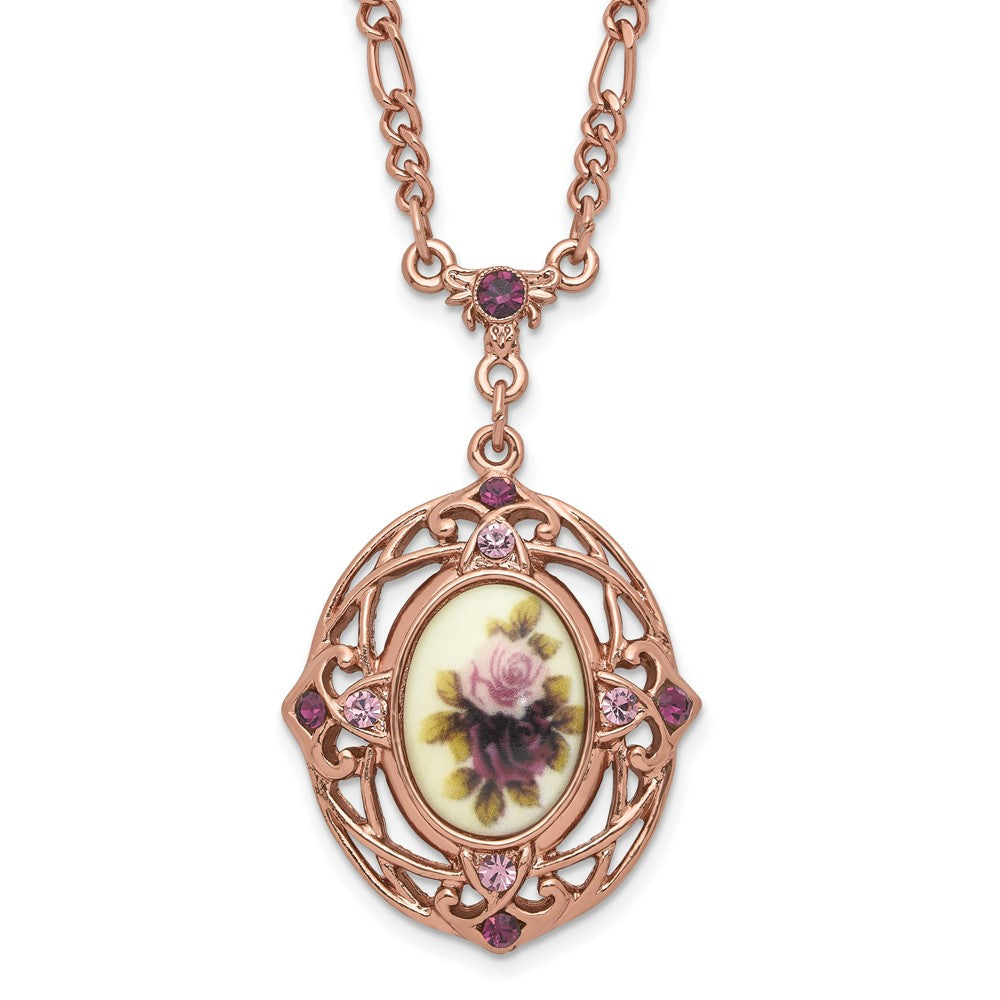 1928 Rose-tone Light and Dark Purple Crystal and Floral 28 inch Necklace, 28 x 32 mm