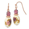 1928 Rose-tone Dark Purple Crystal and Floral Decal Dangle Earrings, 38 x 9.5 mm